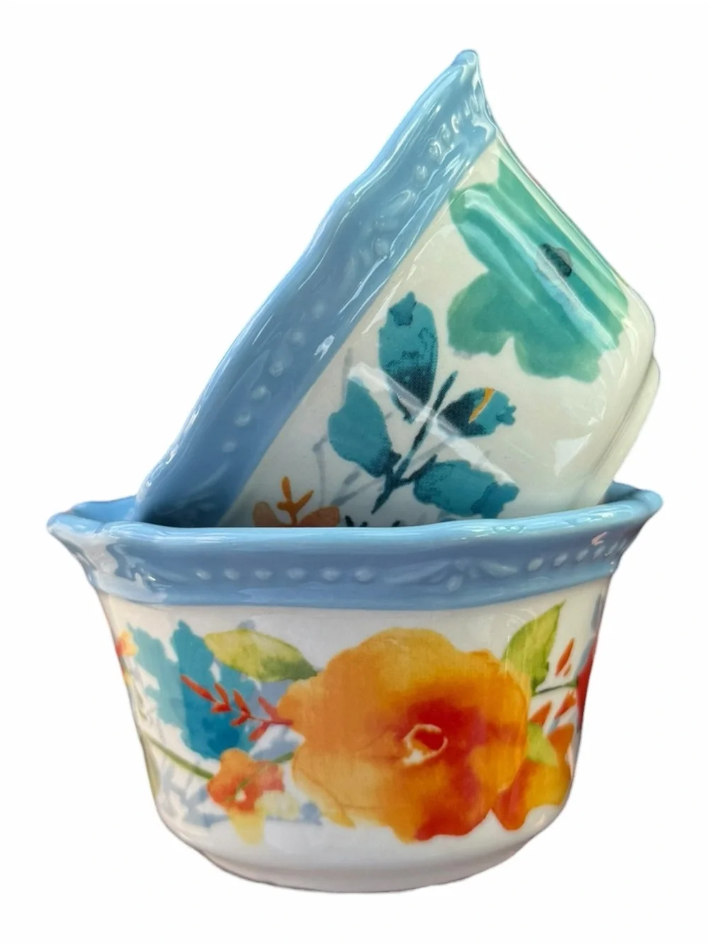 The Pioneer Woman Floral Ramekins Set of 2 Blue Scalloped Stoneware Bowls